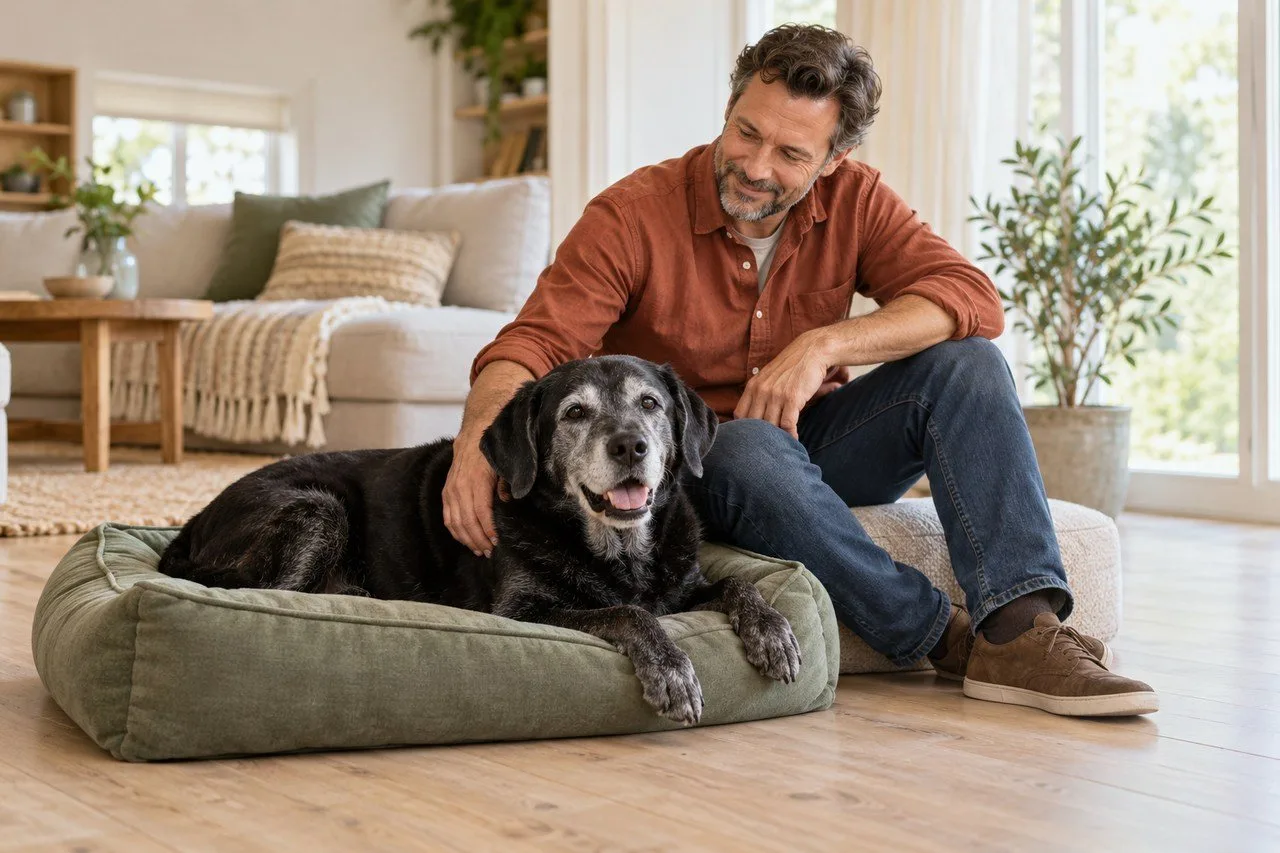 Gray-muzzled black dog resting on a green bed beside a seated man